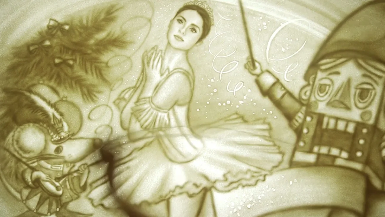 Sand animation illustration with ballerina, mouse and Nutcracker